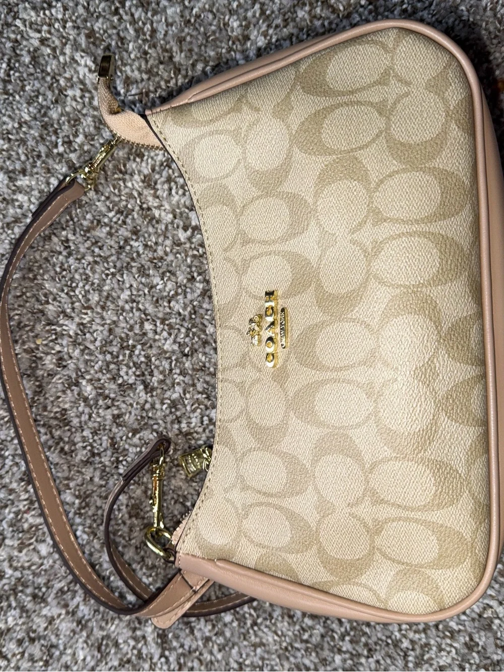 Coach Tan Logo-Print Shoulder Bag with Gold Hardware